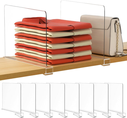 HBlife 12 Inches Tall [Extra Tall Version] Clear Shelf Dividers, 8 Pack Purse Organizer for Closet Perfect for Sweater, Shirts, Handbags, Acrylic Adjustable Bookshelf for Organization