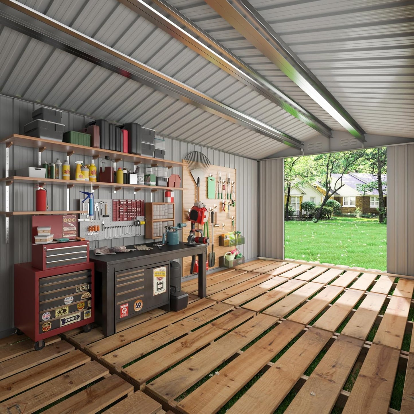 8x12 FT Outdoor Storage Shed, Garden Shed with Updated Frame Structure and Lockable Doors, Metal Tool Sheds for Backyard Garden Patio Lawn, Grey