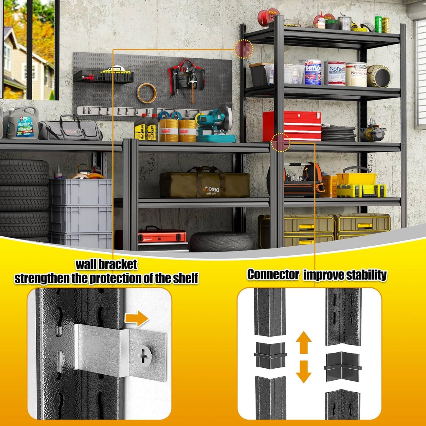 Storage Shelves, Garage Metal Shelving Unit, Adjustable, Double-Layer Column with Reinforced Ribs, Heavy-Duty, Capable of Bearing 600-3600 lbs (Black, 77 * 45 * 18, 6-Tier)