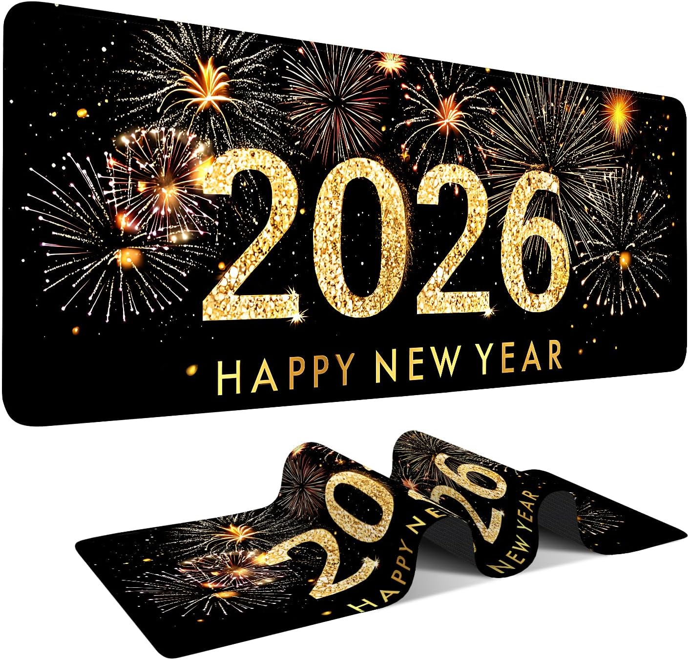 2026 Happy New Year Gaming Mouse Pad 31.5"x11.8"Desk Mat Anti-Slip Rubber Base & Durable Stitched Edges for Gamers Smooth Mouse Writing Surface for Desk Office/Home