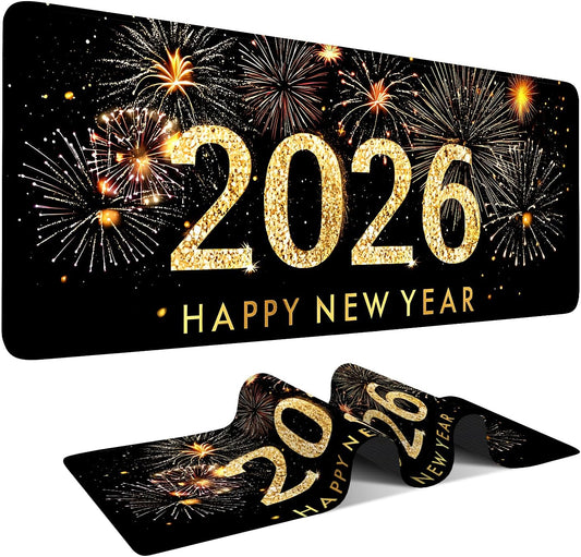 2026 Happy New Year Gaming Mouse Pad 31.5"x11.8"Desk Mat Anti-Slip Rubber Base & Durable Stitched Edges for Gamers Smooth Mouse Writing Surface for Desk Office/Home