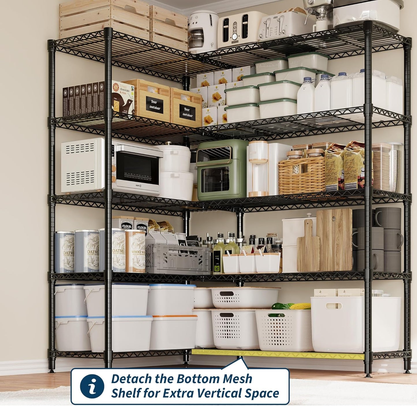 5-Tier Storage Shelving Unit Metal Shelves 59" W Wire Shelving, 70" H L-Shaped Pantry Shelves Kitchen Storage Shelves for Home Commercial Garage Heavy Duty, 70.5" H x 59" W x 13.8" D