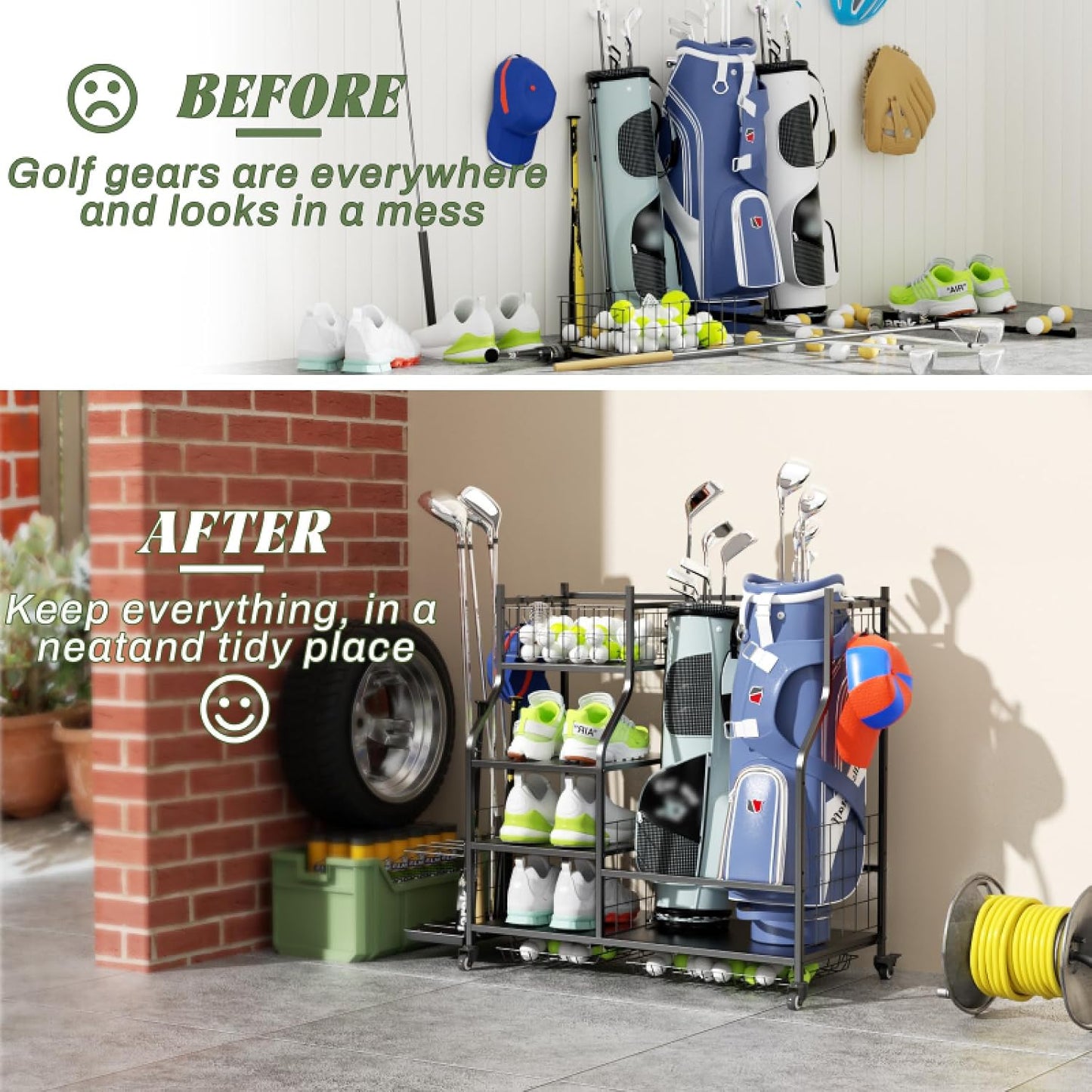 Golf Organizer for Garage, 3 Bag Golf Bag Holder Stand with Shelves & Club Rack, Multi-Functional Adjustable Golf Equipment Storage System
