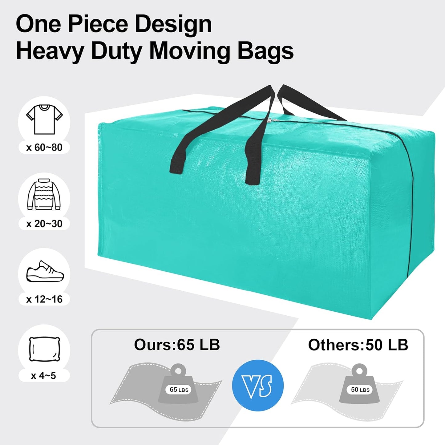 6 Pack Heavy Duty Large Moving Bags W/Backpack Straps - Strong Handles & Zippers, Storage Totes For Space Saving, Fold Flat, Alternative to Moving Box and Storage Bin, Aquamarine