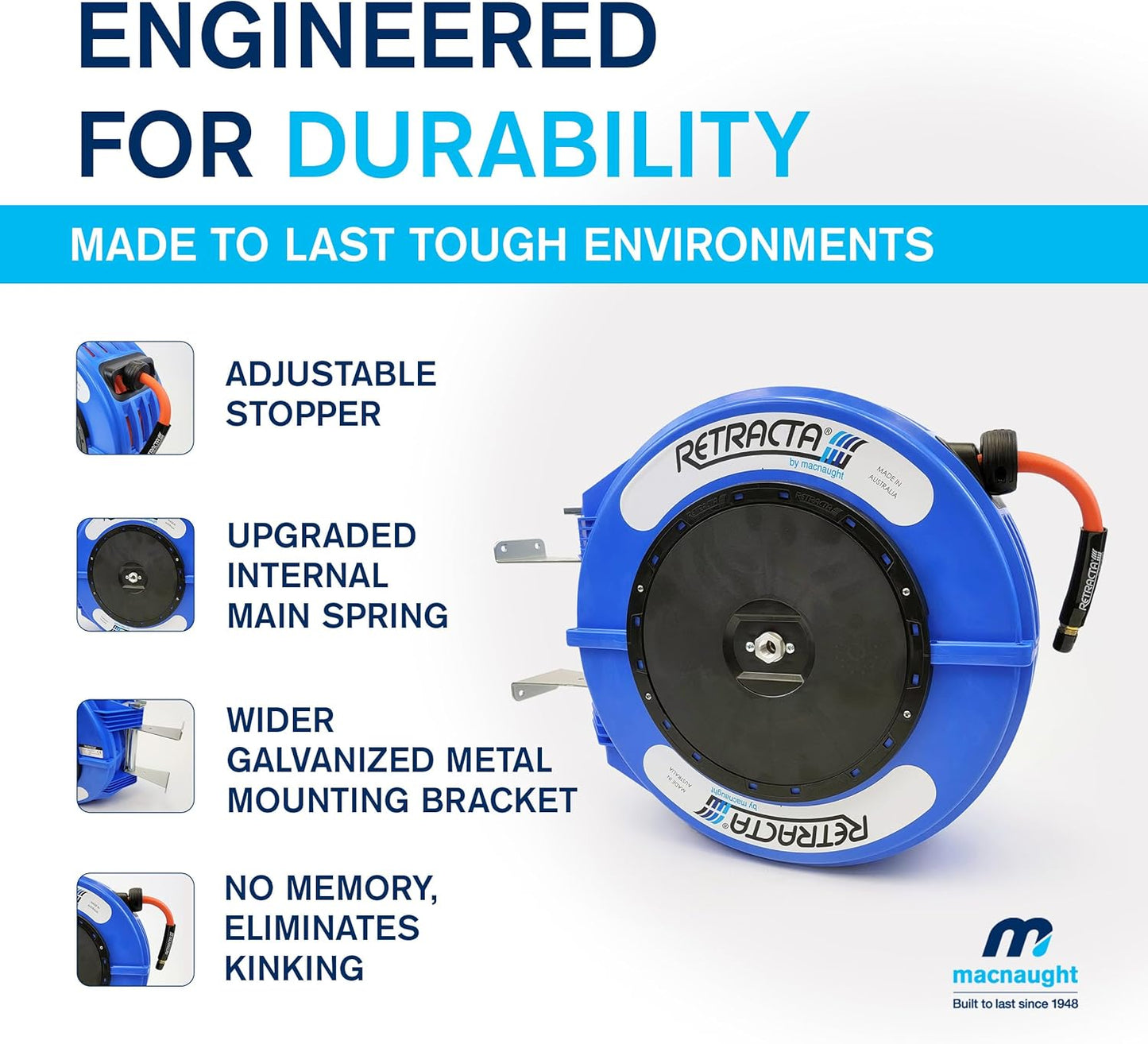 Macnaught Retractable Air/Water Hose Reel with 3/8 in. x 65 FT Hybrid Hose, 10 Year Warranty, Ceiling/Wall Mounted Heavy Duty Industrial Commercial with Bracket, 300PSI