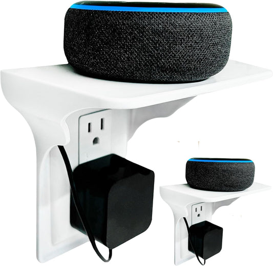 Power Perch Wall Outlet Shelf with Cord Storage Strap - Declutter & Reclaim Bathroom Counter Space - Alexa Stand, Apple Homepod Shelf, Toothbrush Holders Wall Mounted - White, 2-Pack