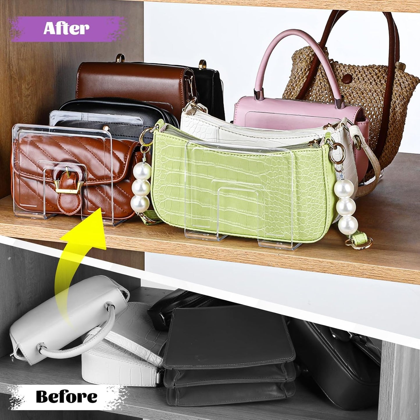 2 Pcs Acrylic Purse Organizer for Closet, 4 Sections Clear Handbag Storage Shelf 16.5 x 5.7 x 5.1 Inch Thickened Handbags Divider for Clutch, Clothes, Book, Document