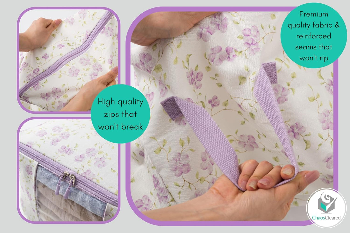 Designer Canvas Clothing Storage Bags 2 Pack Purple Floral Clothes Organizer bags for sweaters, clothing, garments, quilt, linens, large folding organizers with zip & window, moth proof space saver