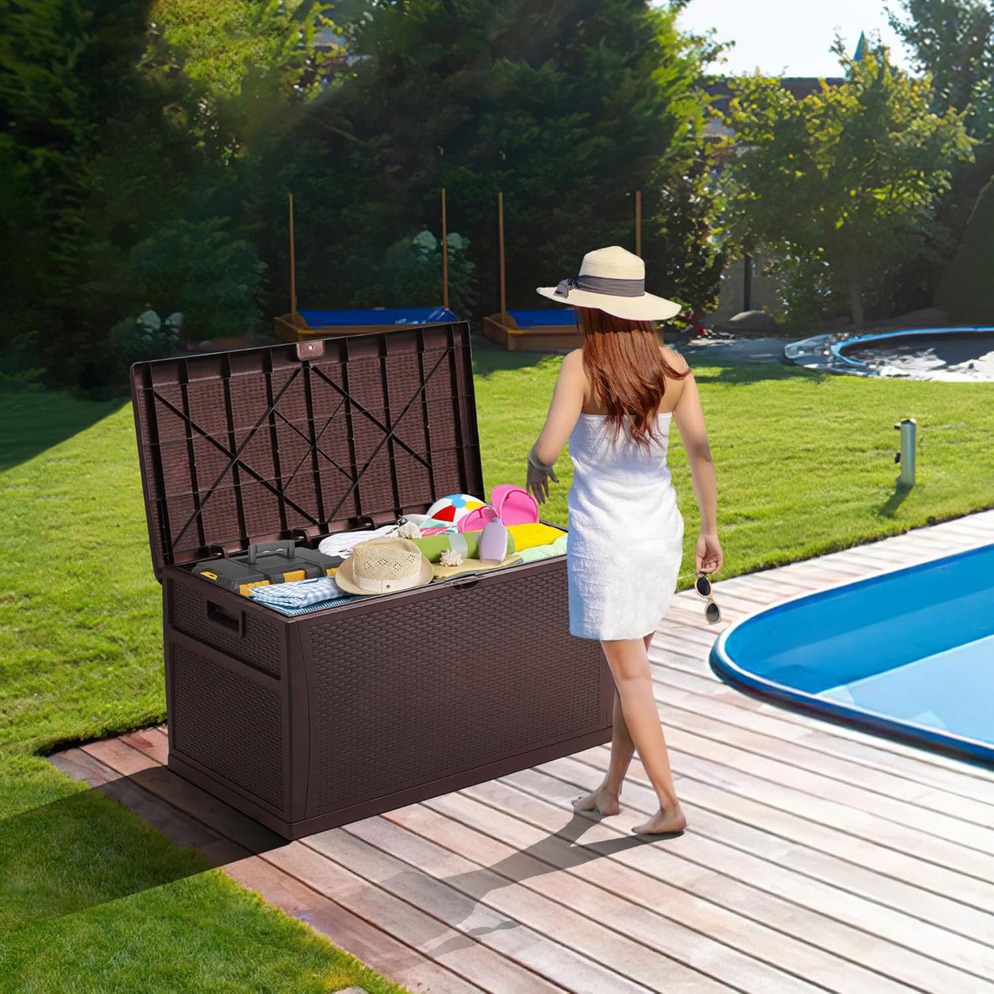 ZYJOYY 125 Gallon Resin Deck Box, Weatherproof Outdoor Storage Box for Patio, Garden, Pool, and Yard, Lockable Waterproof Bin for Tools, Cushions, and Accessories, Brown