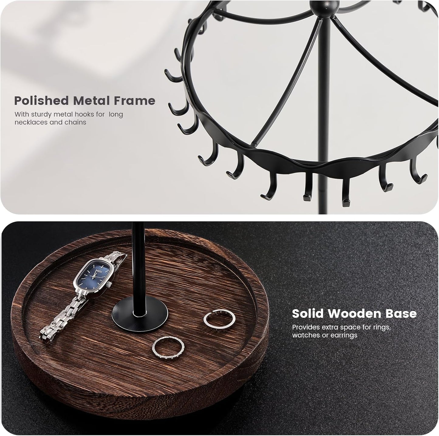 Lolalet Rotating Necklace Holder Stand with Metal Hooks, Spinning Display Carousels, Freestanding Organizer Hanger, for Long Necklaces Chains -Black