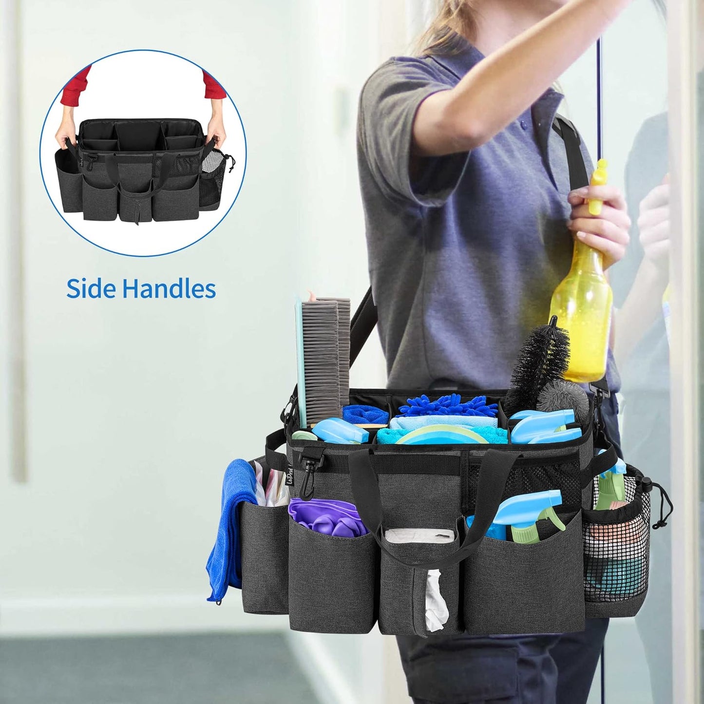 LoDrid Wearable Cleaning Caddy Bag with 4 Foldable Dividers, Cleaning Supply Organizer with Shoulder Strap and Side Handles for Cleaners & Housekeepers, Black