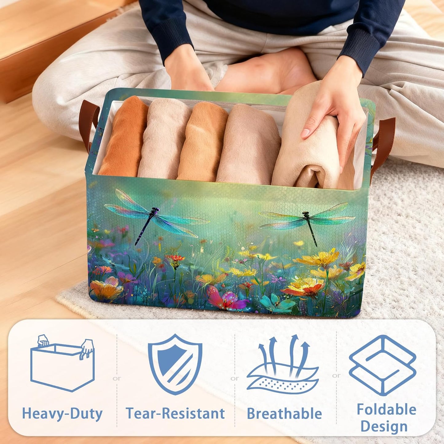 Dragonfly Storage Basket,Flower Collapsible Storage Bin Cubes for Living Room Bedroom Blankets Home Storage 17x11.5x10Inch