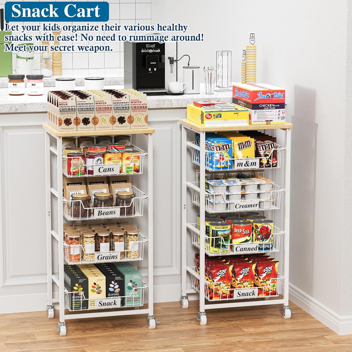 5-Tier Small Kitchen Storage Cart on Wheels with Pull-Out Drawers, Rolling Pantry and Snack Organizer Cart with Wood Top, Kitchen Floor Fruit Basket Stand for Fruit Potato Onion Veggie Snack