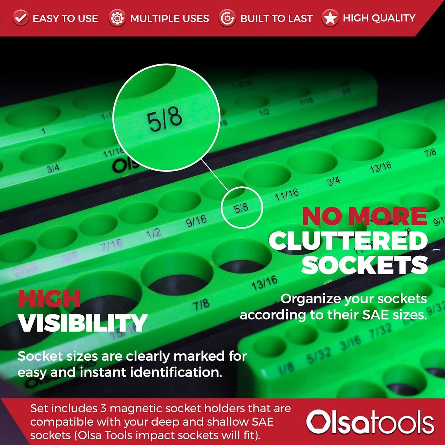 Olsa Tools Magnetic Socket Organizer | 3 Piece Socket Holder Kit | 1/2-Inch, 3/8-Inch, & 1/4-Inch Drive | SAE Green | Holds 68 Sockets | Professional Quality Tools Organizer