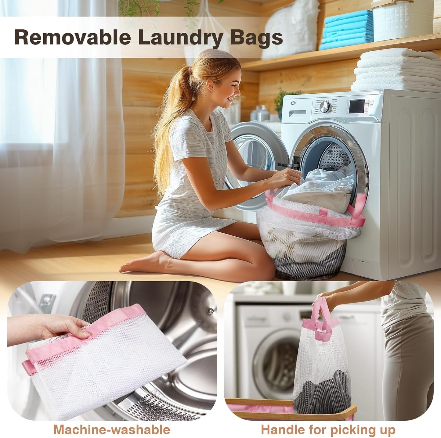 Hampers for Laundry Basket with Lid, 145L Extra Large 3 Section Clothes Divided Organizer for Bedroom, Laundry Room, Dirty Clothing Hamper, Pink