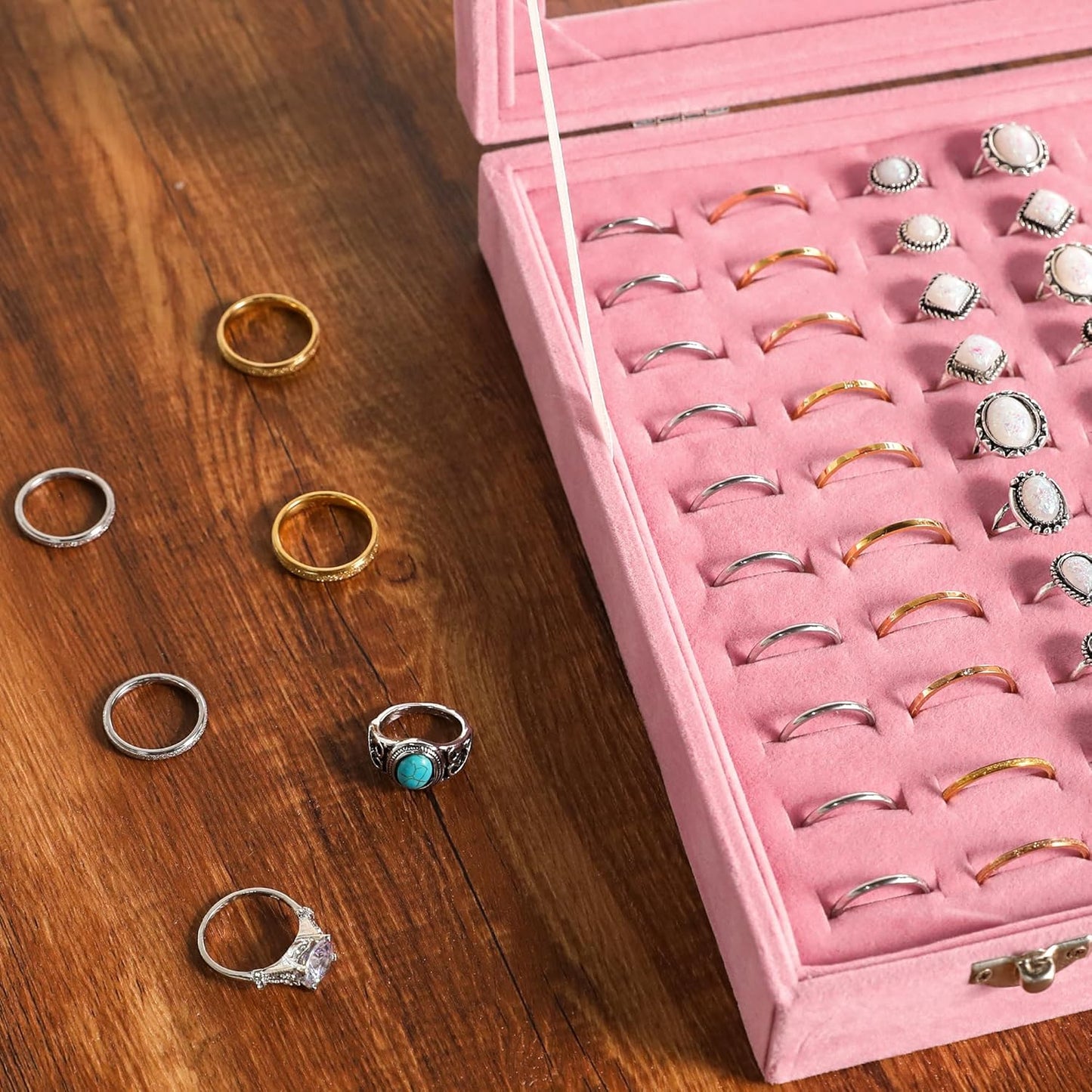 Frebeauty Ring Organizer Tray 100 Slots Ring Holder with Clear Lid Velvet Storage Box Jewelry Tray for Jewelry Store Earring Display Case for Jewelry Show Studs Box for Women(Pink)