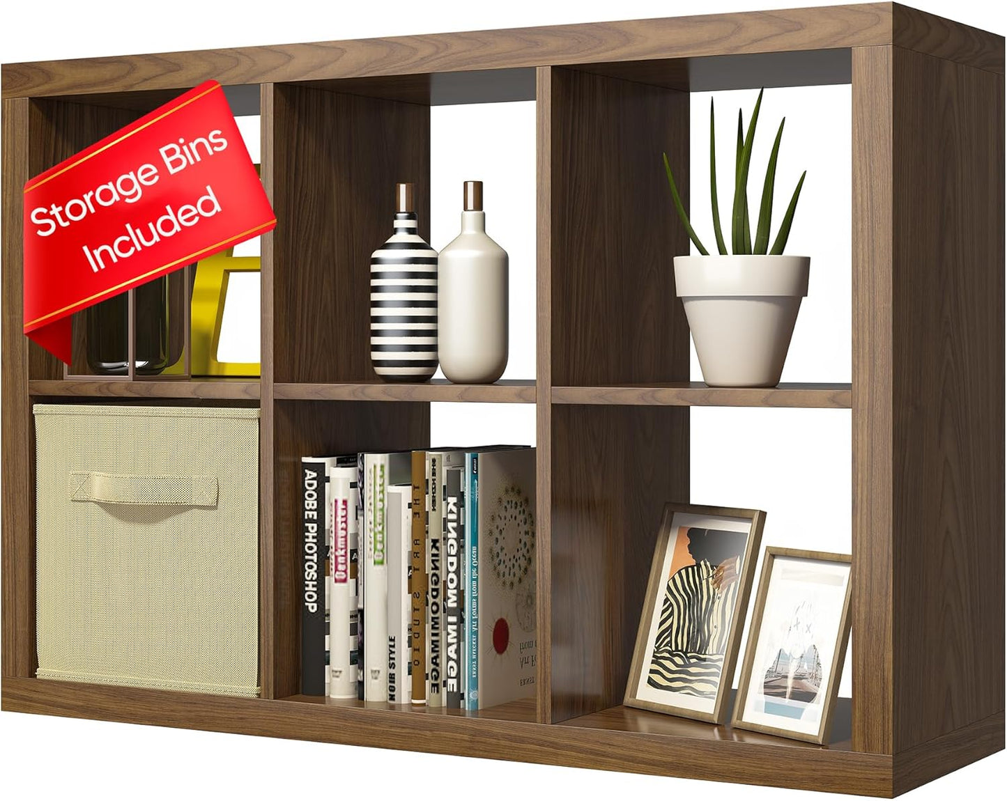 furtble Bookshelf with Storage Bin, 6-Cube Storage Organizer, Modern Wood Open Bookcase, Multifunctional Display Shelf for Living Room, Bedroom, Home Office, Classic Oak