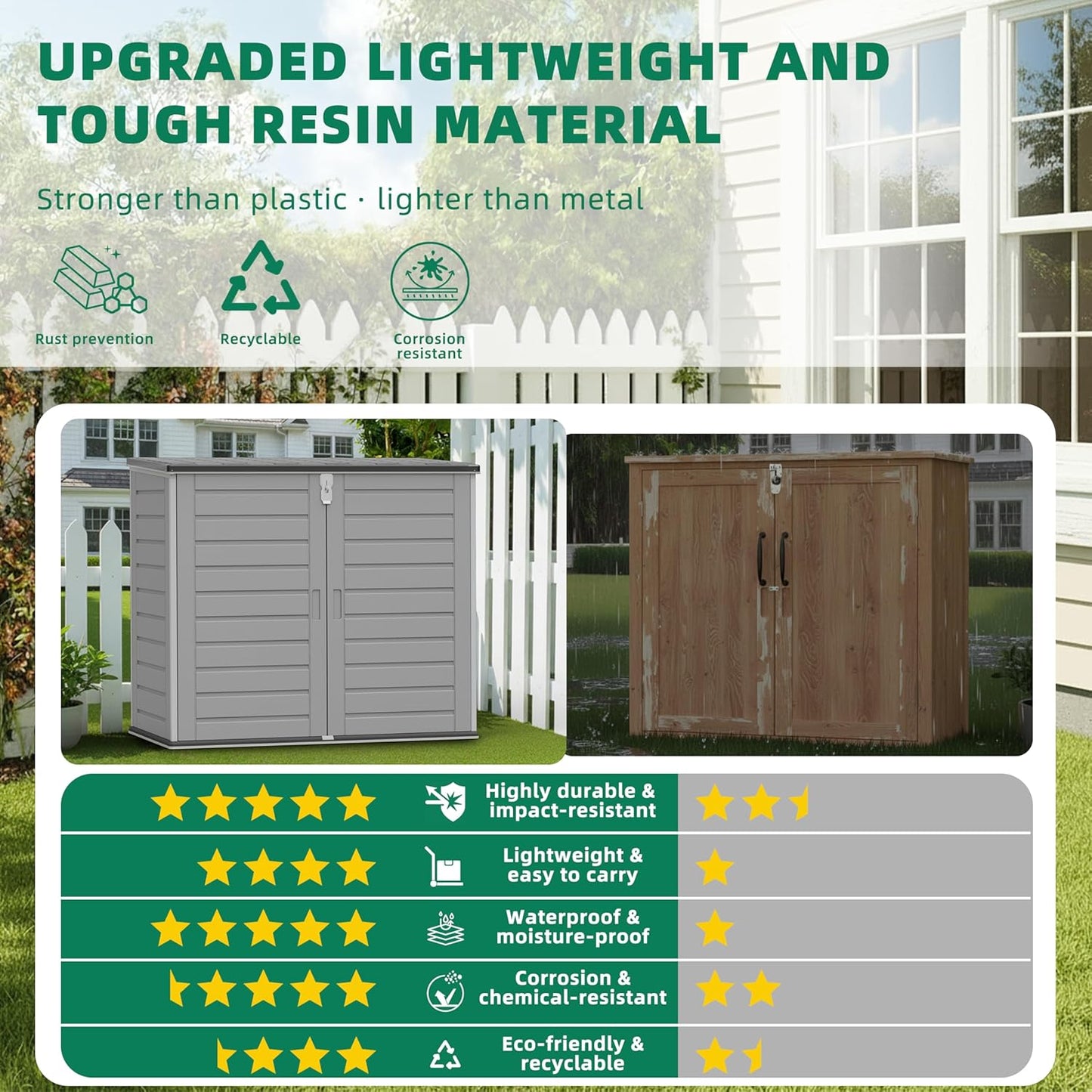 Horizontal Outdoor Storage Shed, 304 Gallon Resin Storage Shed with Lockable Doors & Lift Lid, Waterproof Backyard Shed for Trash Cans, Tools & Patio Equipment (Upgraded Version)