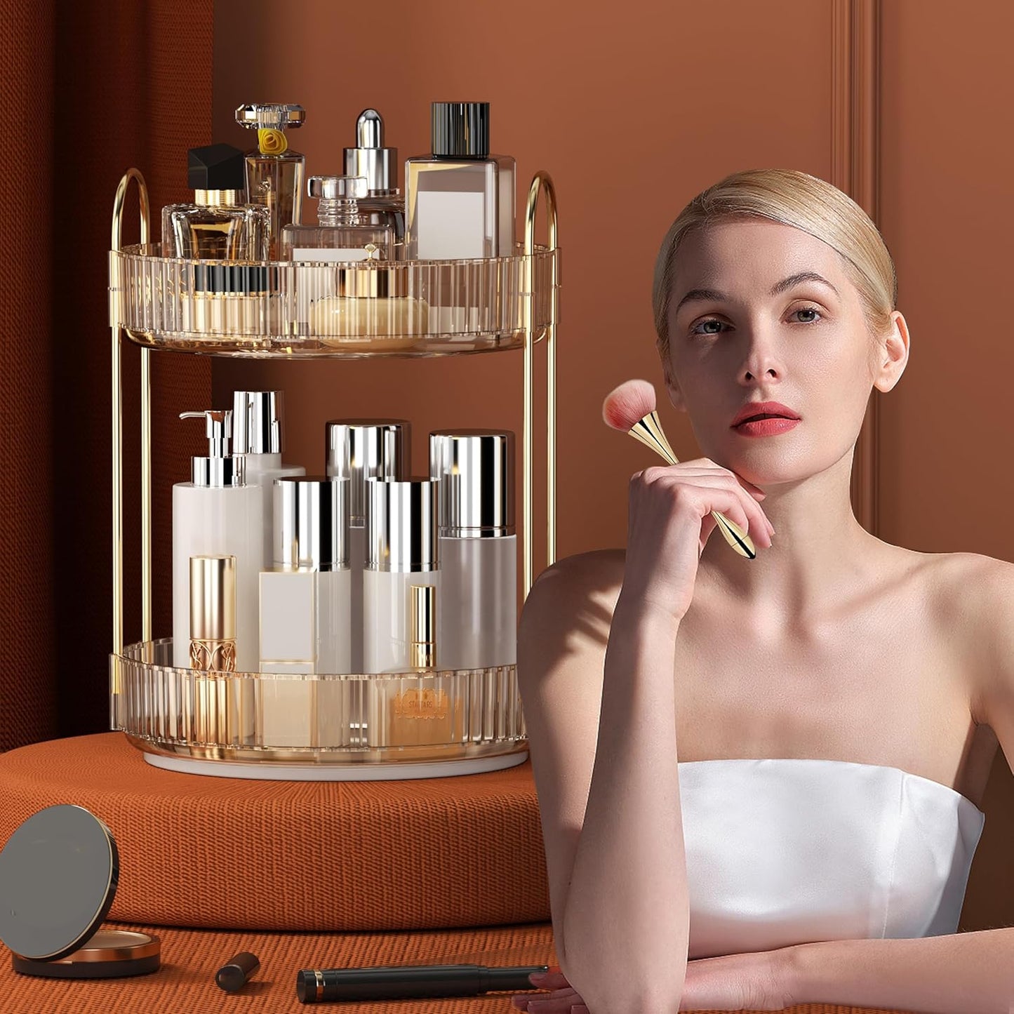 YCIA&DONE 360 Rotating Makeup Organizer and Storage for Vanity Countertop 2 Tiers, High Capacity Cosmetic Skincare Perfume Organizers for Dresser Bathroom Lazy Susan (Amber Gold)