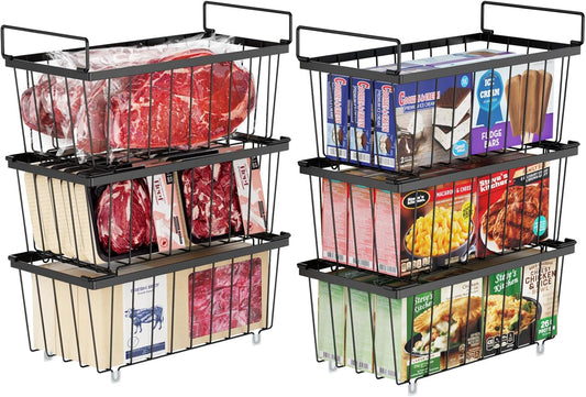 iSPECLE Freezer Storage Bins - 6 Pack Small Stackable Deep Freezer Organizer Bins for Most 7 Cu.FT Chest Freezer Sort Frozen Food, Freezer Basket with Handles Easy to Get Food from Bottom, Black