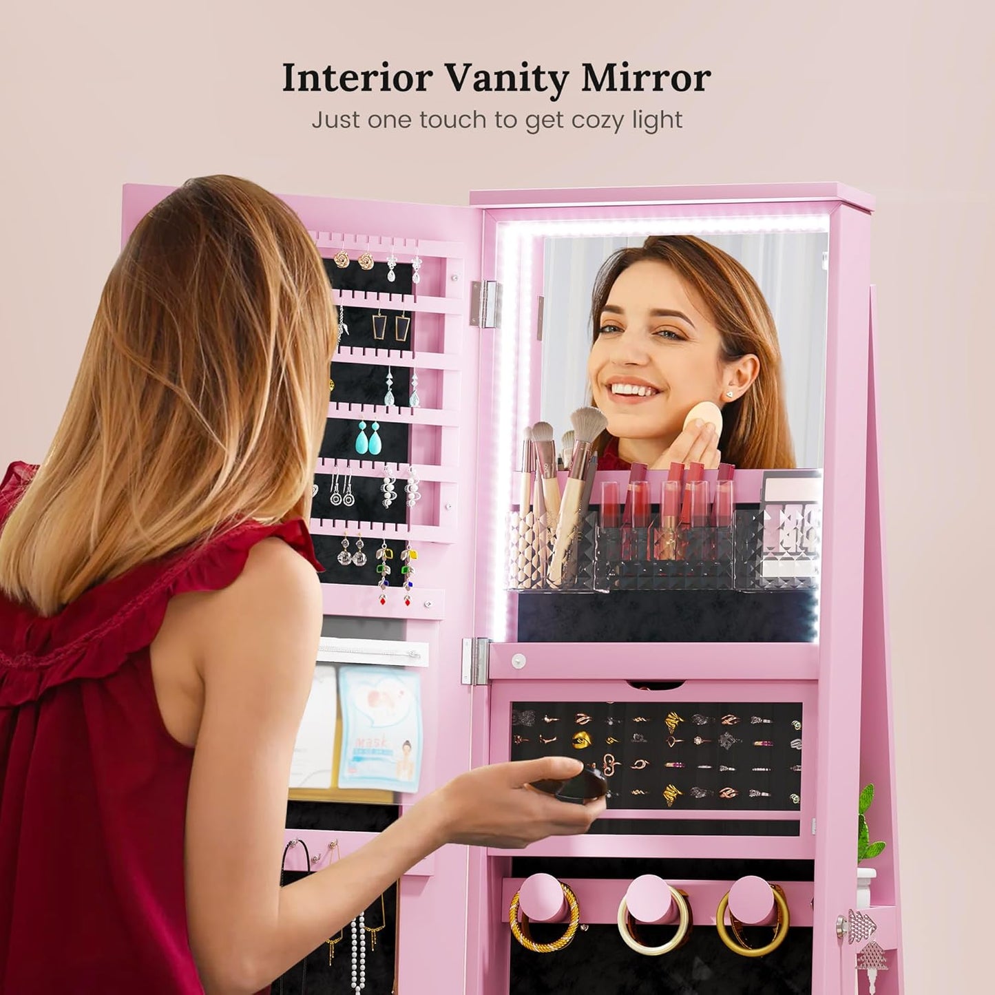 LVSOMT LED Mirror Jewelry Cabinet Standing, 360°Swivel Jewelry Armoire with Full Length Mirror, Mirror with Jewelry Storage and Large Wooden Drawer for Christmas Gifts (Pink)