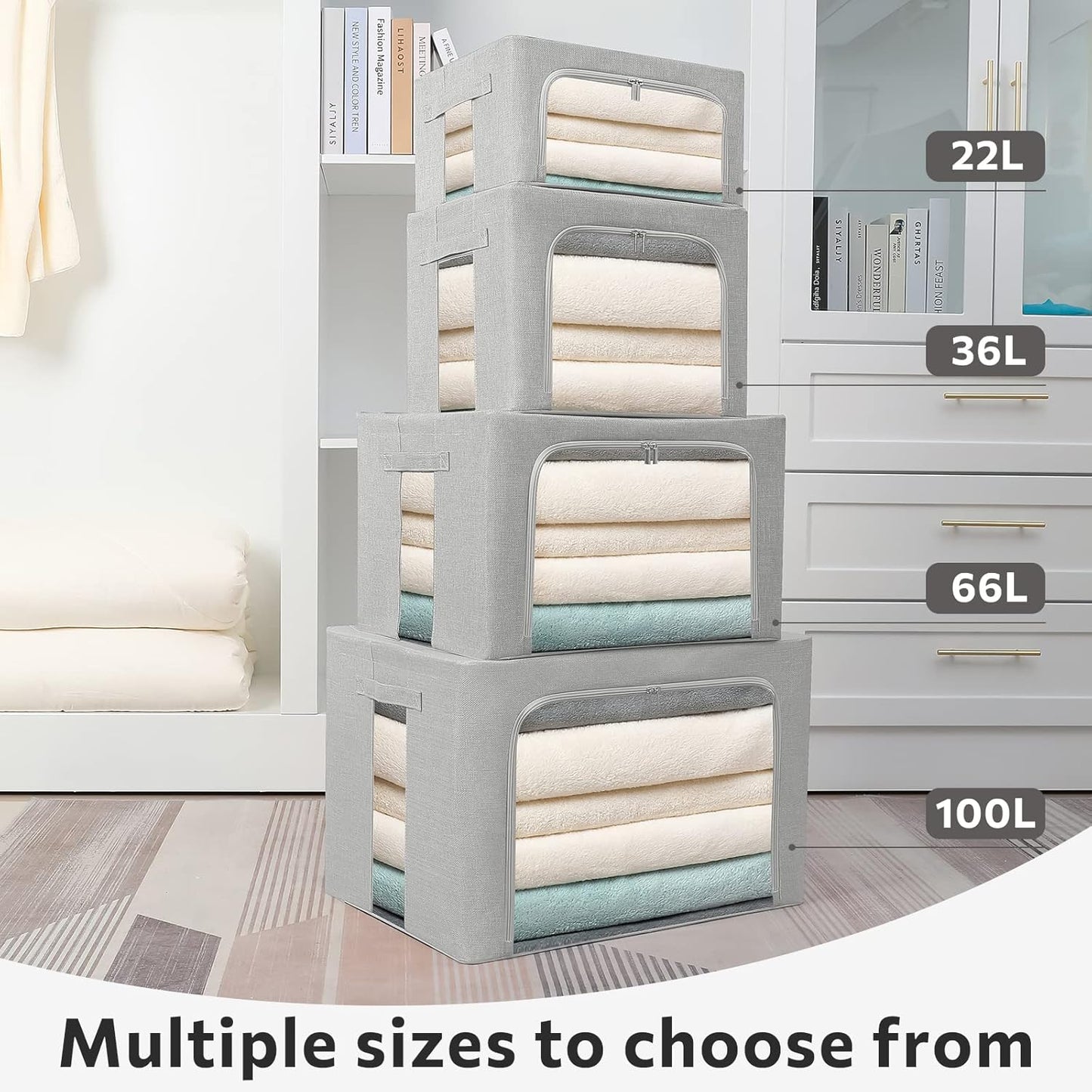 FHSQX 2 Pack Clothes Storage Bins Stackable Metal Frame Storage Box Foldable Linen Fabric Organizer with Carrying Handles and Clear Window (Light Gray, 15.7x 11.8x 7.8Inch)