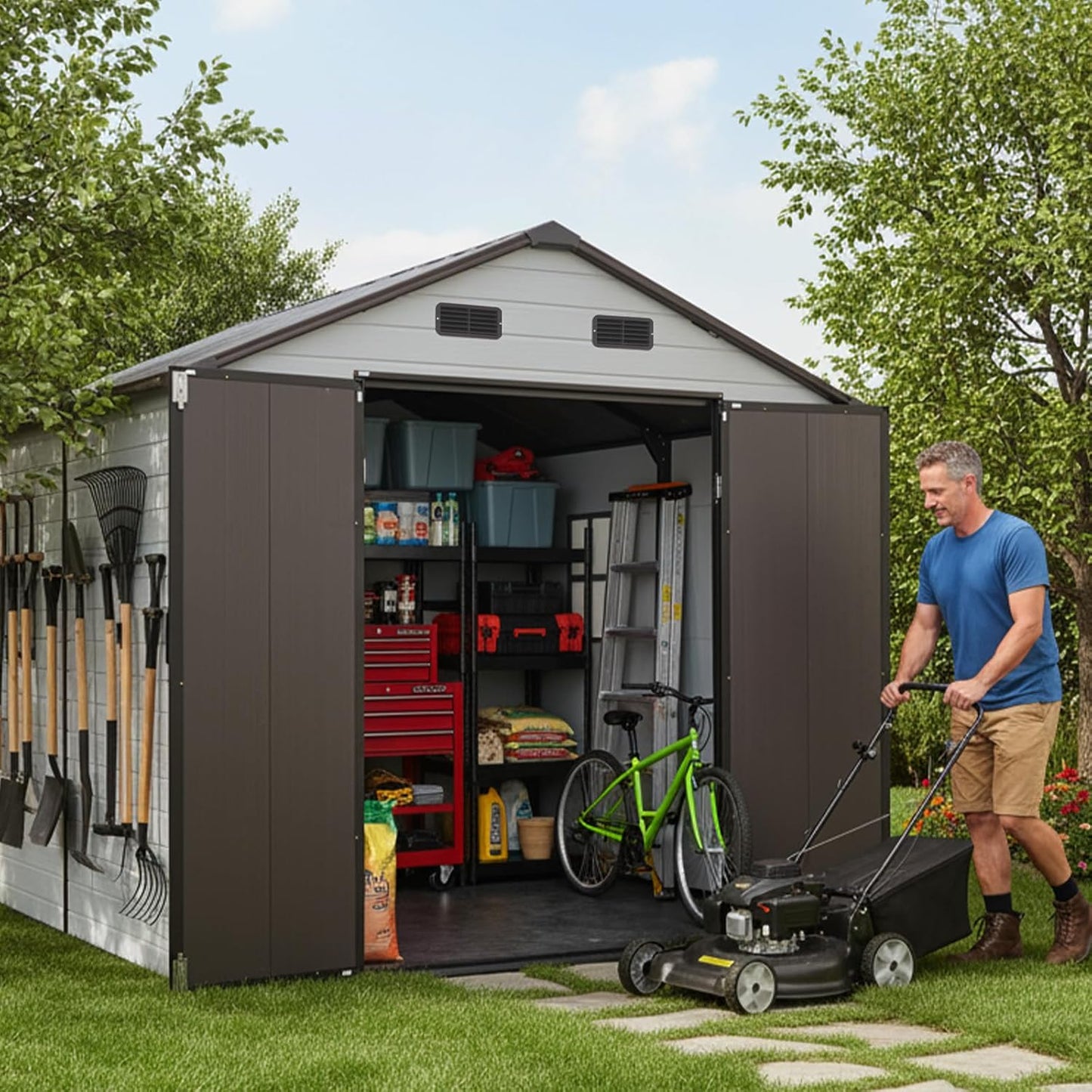 8x8ft Resin Outdoor Storage Shed with Floor and 2 Windows, Plastic Sheds & Outdoor Storage Clearance for Patio Furniture, GardenTools, Bike Accessories and Lawn Mower, Brown+White