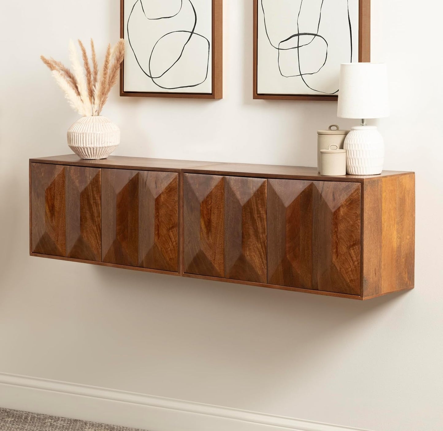 Kate and Laurel Ranier Modern Wooden Two-Door Wall Cabinet, 30 x 10 x 14, Walnut Brown, Decorative Storage Cabinet with Dimensional Face for Use as Floating Nightstand or Floating TV Shelf