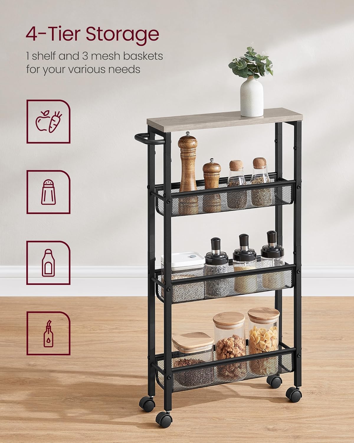 VASAGLE Slim Rolling Cart, 4-Tier Storage Cart, Narrow Cart with Handle, 5.1 Inches Deep, Metal Frame, for Kitchen, Dining Room, Living Room, Home Office, Heather Greige and Classic Black ULRC032K01