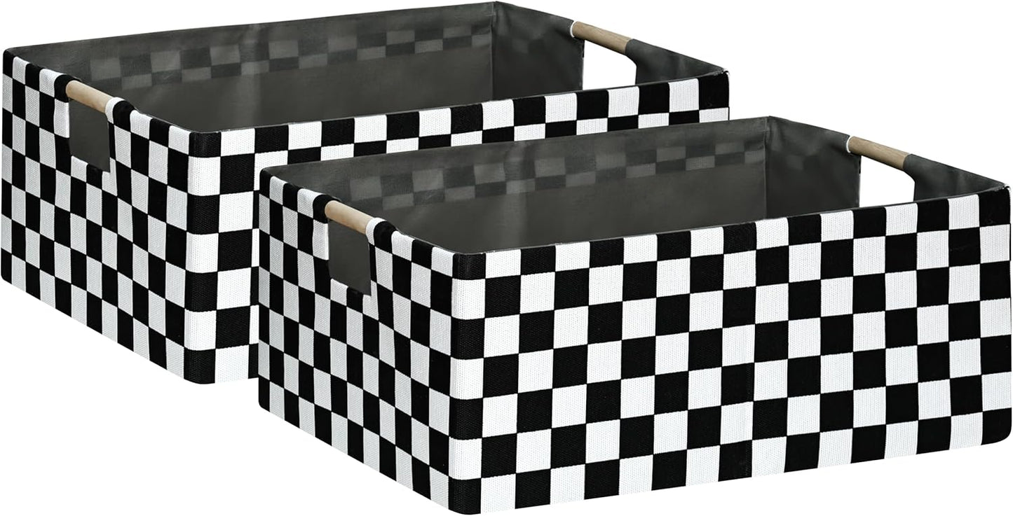 Checkered Storage Basket Foldable Nursey Box | 16.9" Storage Cube for Women Closet Organizer Boys Car Toys Bins with Handles | Sturdy Cardboard & Washable Fabric 2Pack