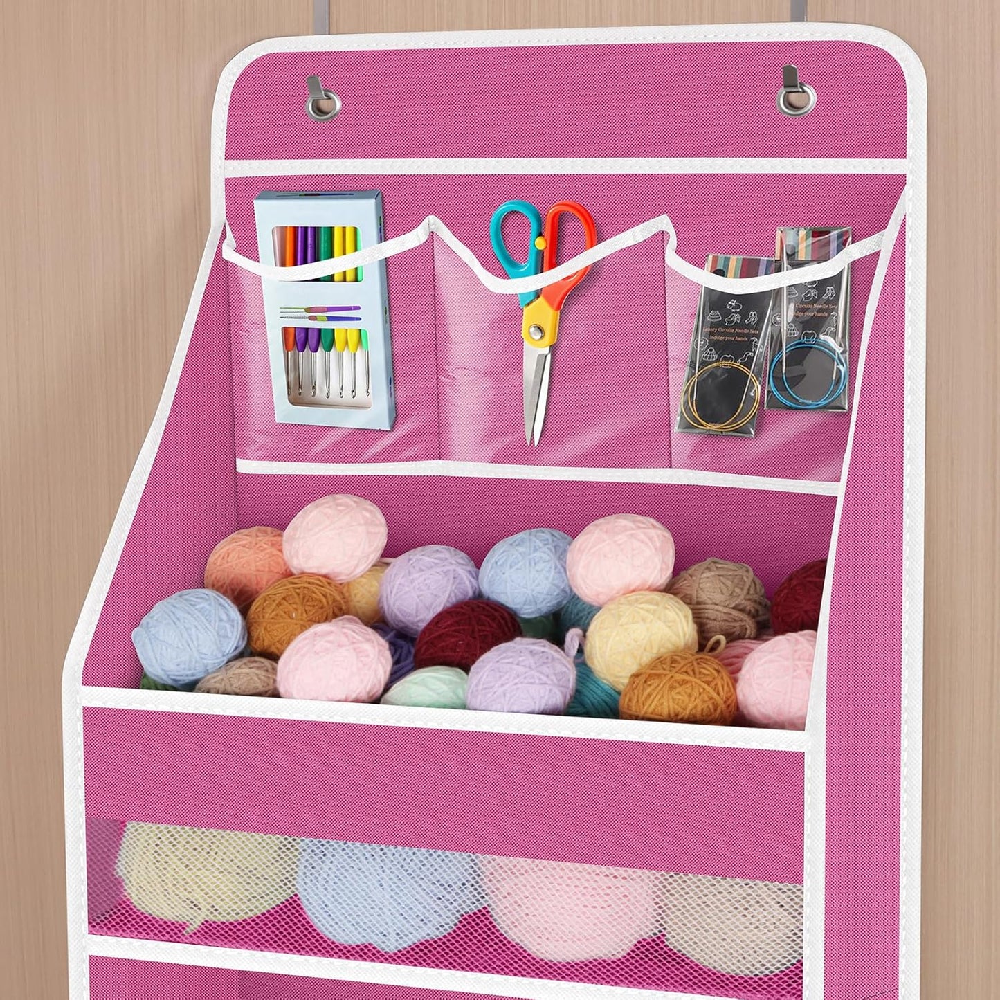 Univivi 6-Shelf Over Door Hanging Organizer Fabric Baby Door Storage with 5 Large Pockets and 3 Small PVC Pockets Wall Mount Hanging Storage Organizers for Baby Essential (Pink)