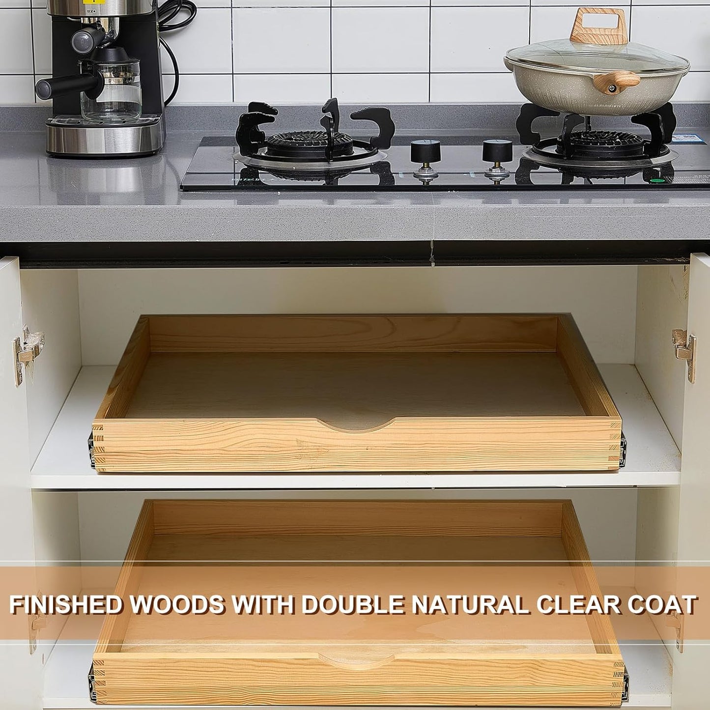 Menkxi 2 Set Pull out Tray Cabinet Organizer Wooden Pull Drawers storage Slide out Pantry Shelf for Base Cabinet Kitchen Gentle Close Fully Assembled Accessories (Wood Color,30'' X 21'' X 3")