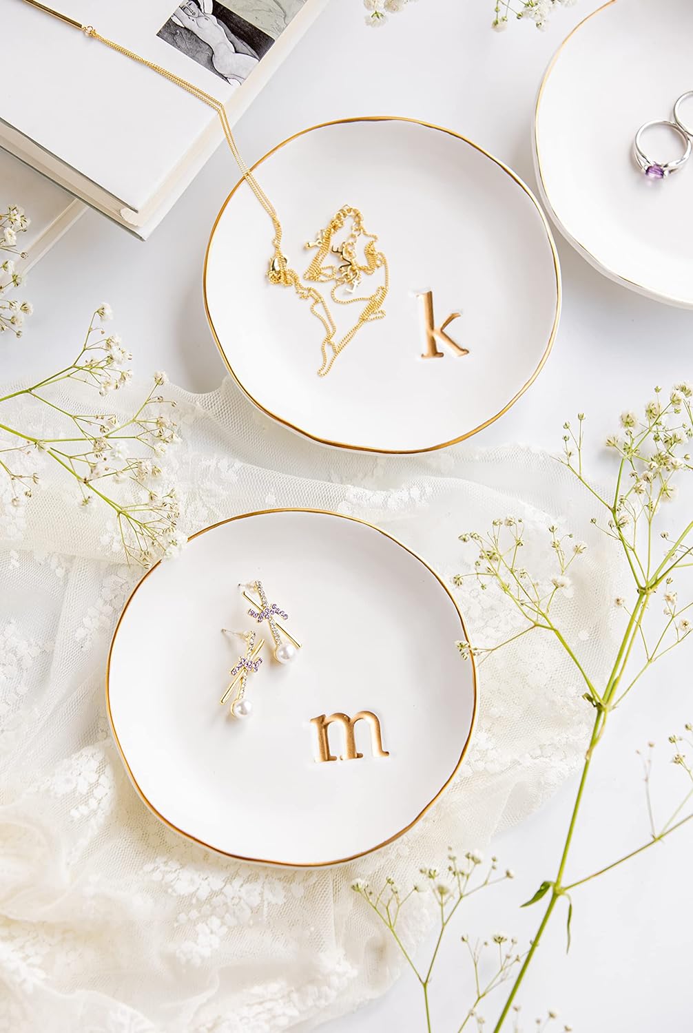 COLLECTIVE HOME - Ceramic Jewelry Tray, Decorative Trinket Dish for Rings Earrings Necklaces Bracelet Watch Keys, Birthday Mother's Day Christmas Gift for Women, 4.75", White Surface (K)