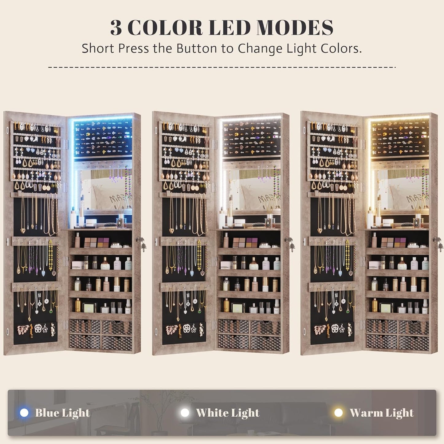 Vlsrka 47.2 Inch Full Length Mirror with Storage, Wall Mount Mirror Jewelry Cabinet, Over The Door Hanging Jewelry Armoire Organizer, Built-in Light, 4 Drawers, 5 Shelves, Lockable (Wood)