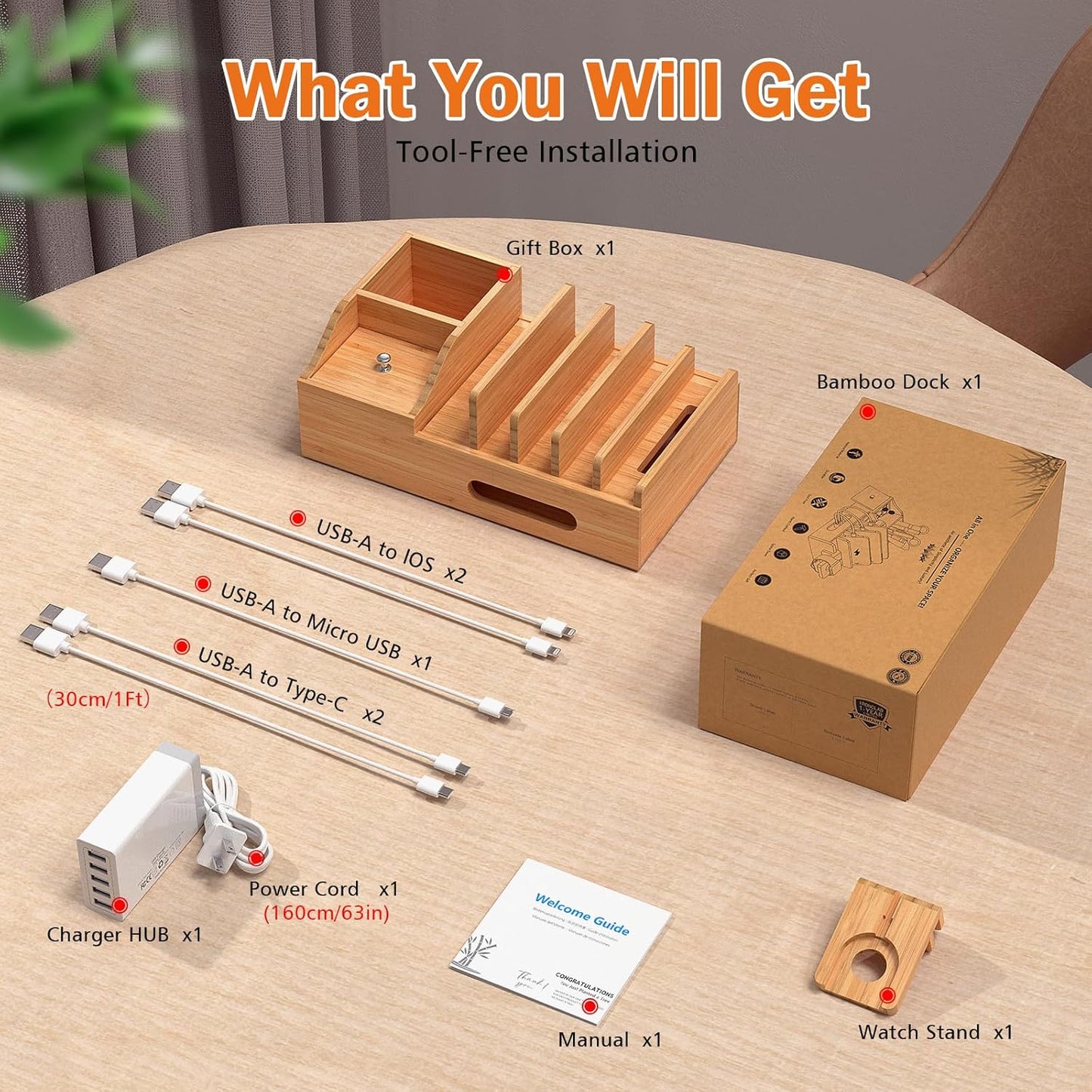 Bamboo Charging Station for Multiple Devices with 5 Port USB Charger, 5 Charger Cables and Smart Watch Stand. Wood Desktop Dock Stations Electronic Organizer for Cell Phone, Tablet, Watch, Office