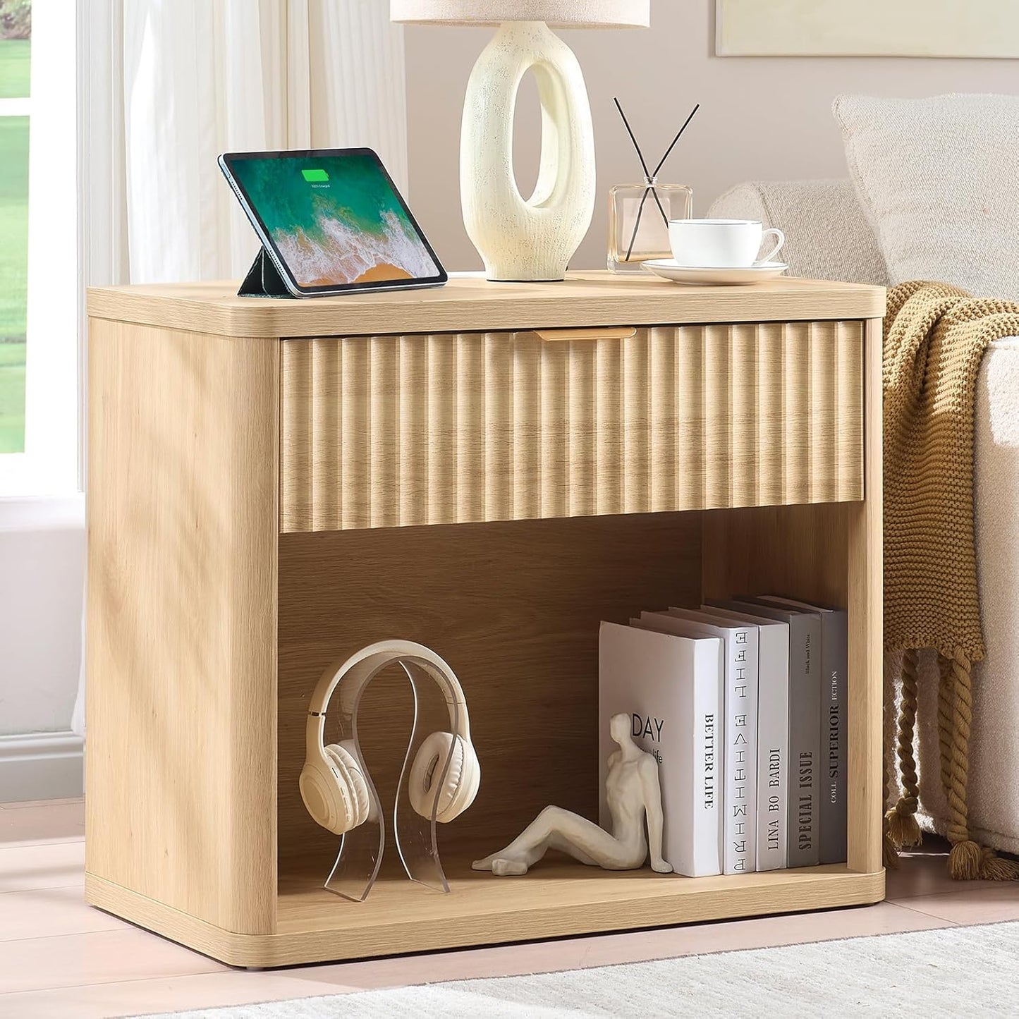 LEYAOYAO 31" Wide Fluted Nightstand with Charging Station, Oversized Extra Large 1 Drawer Night Stand with Golden Handle, Natural Wood Bedside Table Tall End Tables,for Bedroom, Living Room, Hallway