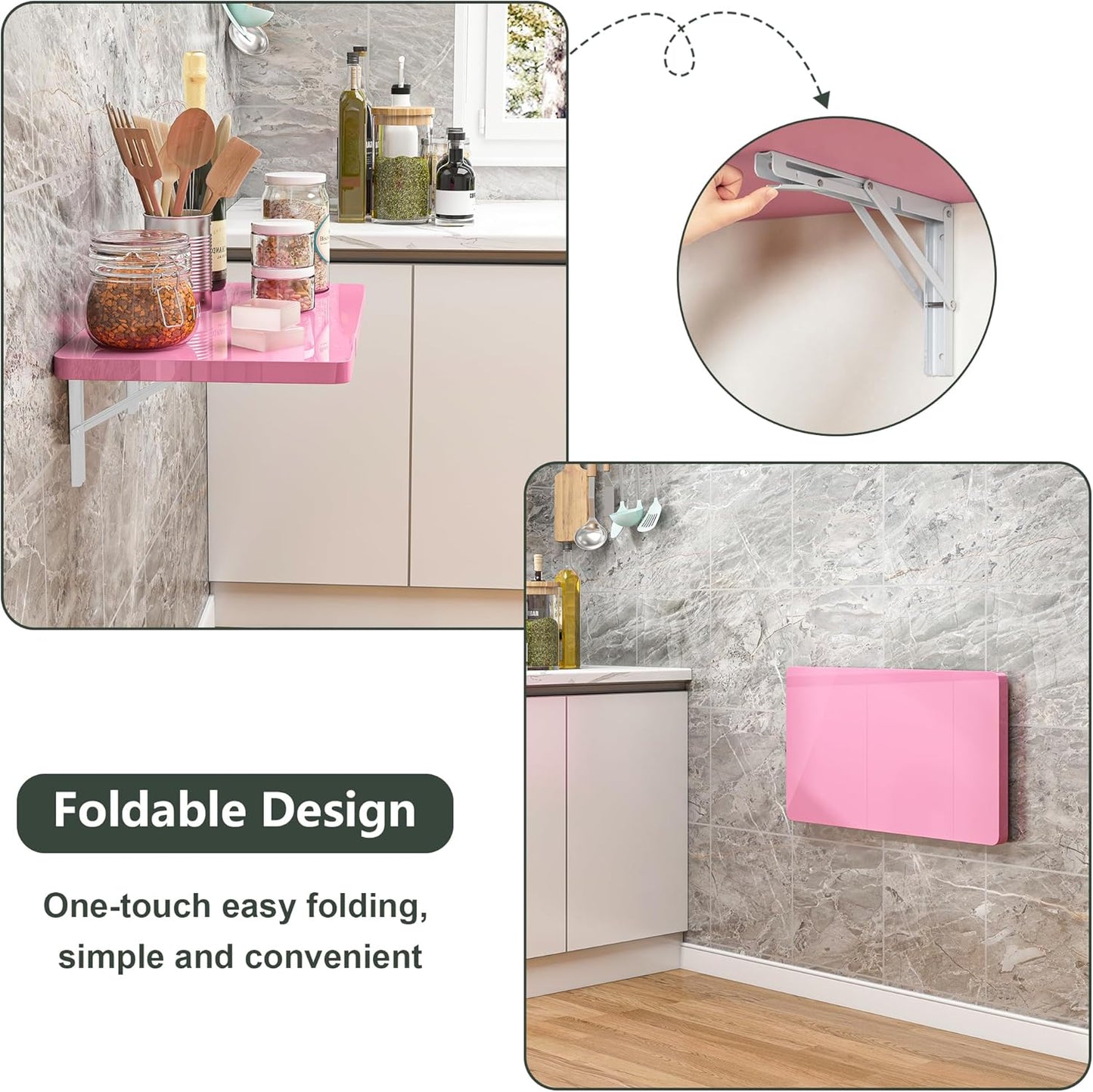 Clikuutory Pink Wall Mounted High Gloss Folding Table, Wall Desk Fold Down for Small Spaces, Folding Workbench for Laundry Room, Home Office, Kitchen, Bedroom, Home Bar (23.6"×15.7")