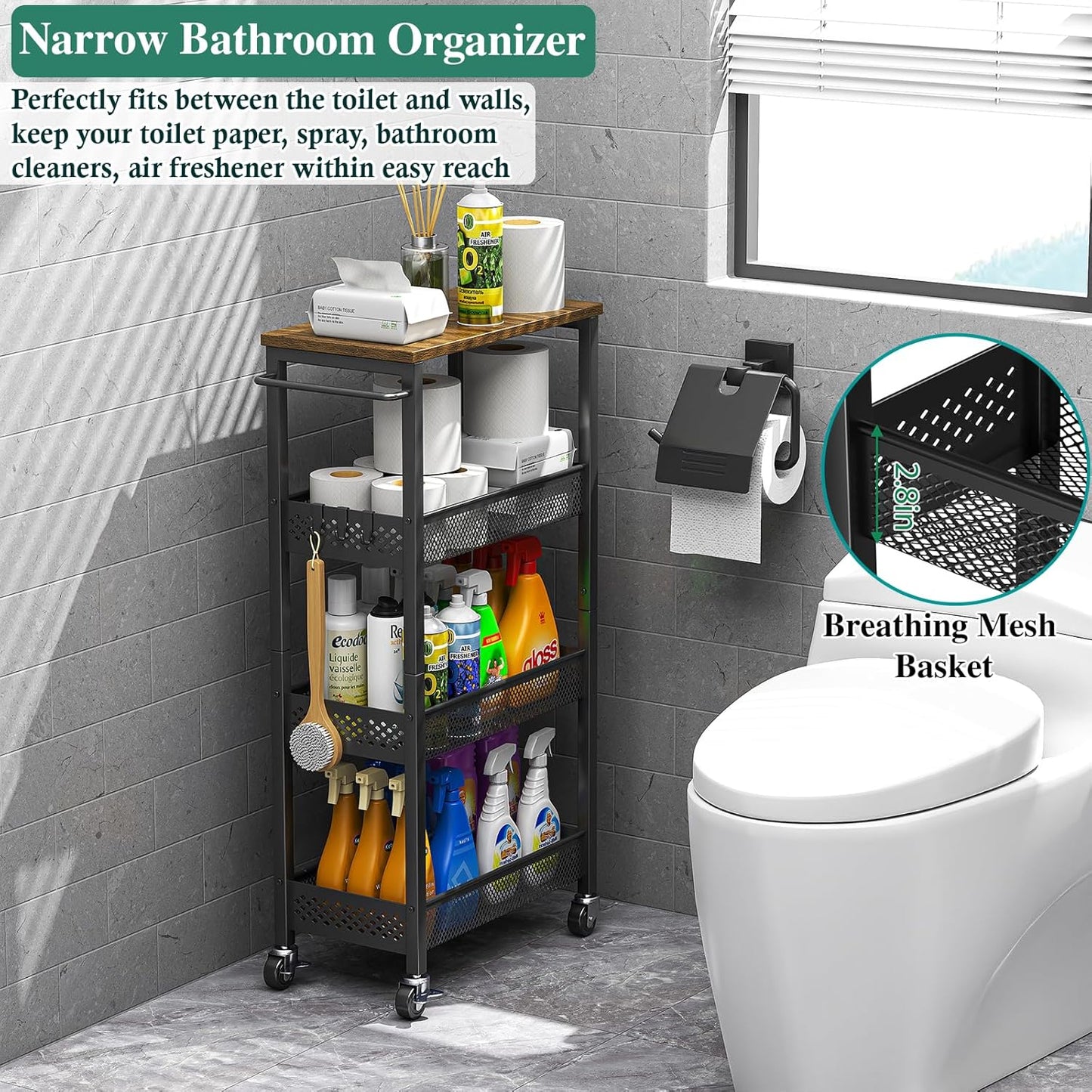 Utility Slim Storage Cart, 4-Tier Narrow Bathroom Organizer and Storage Cart, Metal Narrow Kitchen Laundry Room Organization Rack with Wood Top, Slim Rolling Shelf with Wheels for Small Space