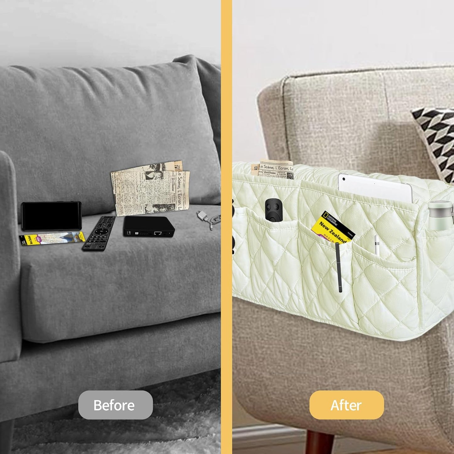 MEHIDFY Armchair Caddy, Waterproof Sofa Armrest Organizer, Non Slip Recliner Organizer, Remote Holder for Recline, Recliner Caddy with 14 Pockets Storage for TV Remote, Phone, Magazine (White)