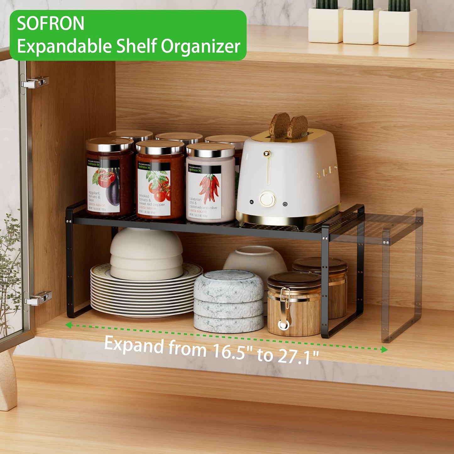Expandable Cabinet Storage Shelf Stackable Organizer Rack for Kitchen Bathroom Pantry Spice Cupboard Coffee Countertop Home Office Desk Heavy Duty Nonslip Black Large 3 Packs