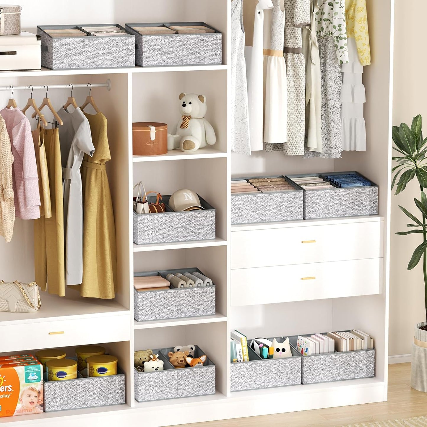 DIMJ Large Closet Shelf Organizer Bins 6 Packs with Handles and Divider, Fabric Trapezoid Storage Baskets, Foldable Clothes Containers Box for Shelf, Towel, Book, Toy, Purse, Hats, Grey