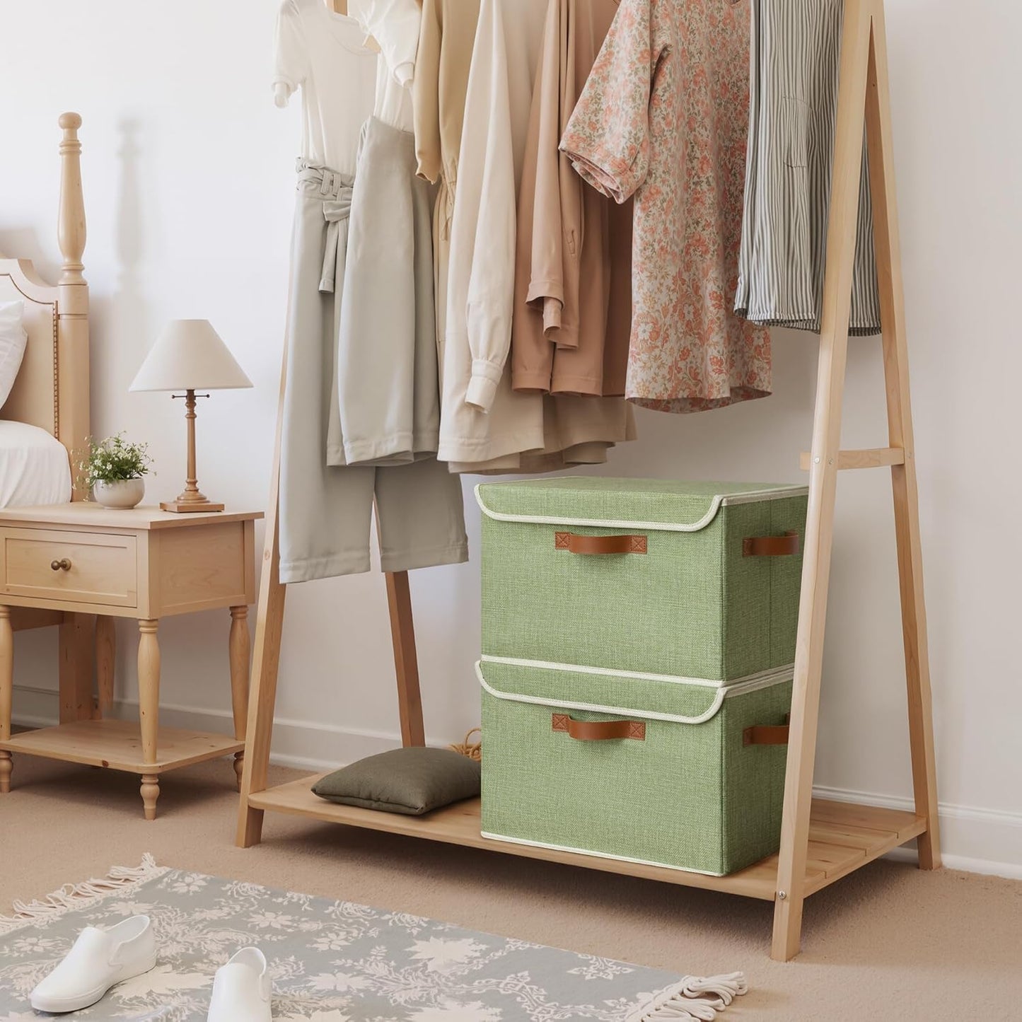 GRANNY SAYS Fabric Storage Bins with Lids, Decorative Storage Boxes with PU Handles, Keepsake Memory box, Shelf Baskets for Closet, Sage Green, Large, 2-Pack