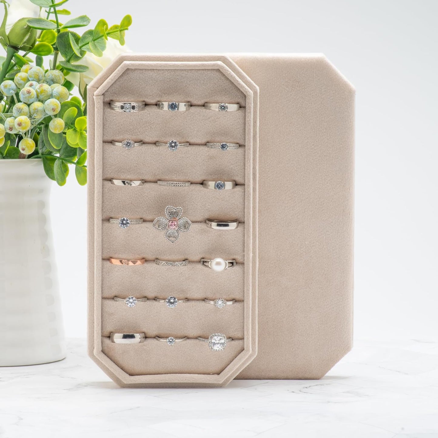 Velvet Ring Organizer Display Tray Jewelry Box Earring Holder Case for Wedding Birthday Christmas Day (Beige)