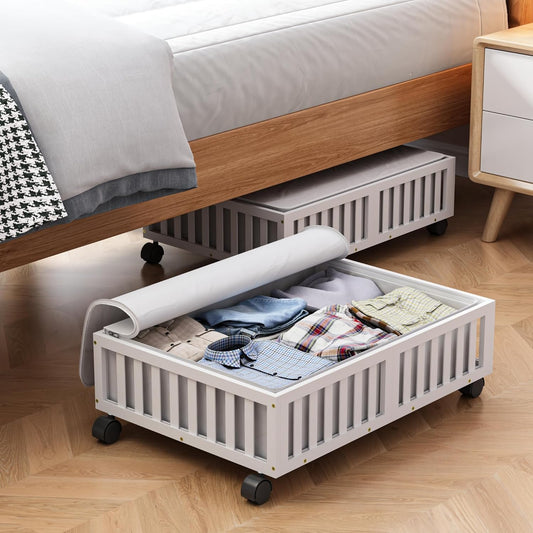 Bamboo Under Bed Storage Containers with Wheels, 2 Pack Under the Bed Shoe Storage Bins, Wood Rolling Underbed Drawers Organizer for Bedroom, Closet, Clothes Blanket Comforter and Under Crib Toy White