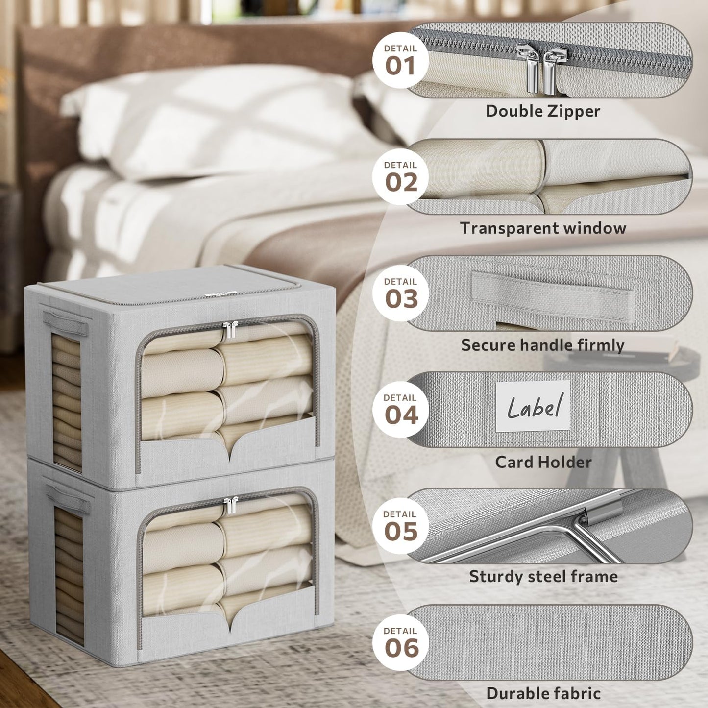 FHSQX 3 Pack Clothes Storage Bins Foldable Metal Frame Storage Box Stackable Linen Fabric Organizer Set with Carrying Handles and Clear Window (Light Gray, 15.7x11.8x11.8inch(36L))