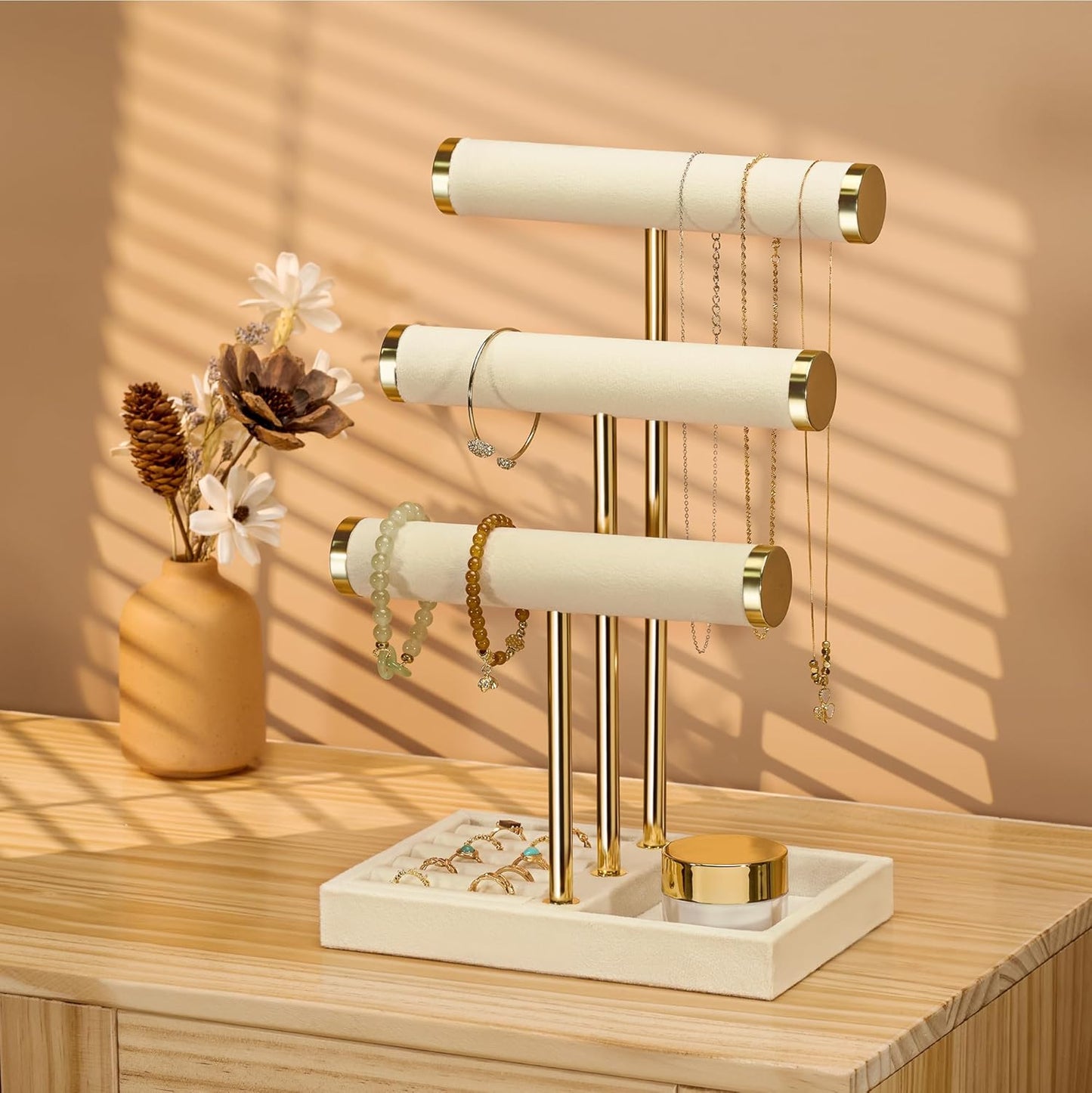 3 Tier Bracelet Holder Display - Detachable T Bar Beige Velvet Bracelet Holder, Jewelry Holder Organizer for Bracelet, Necklace, Watches, Rings