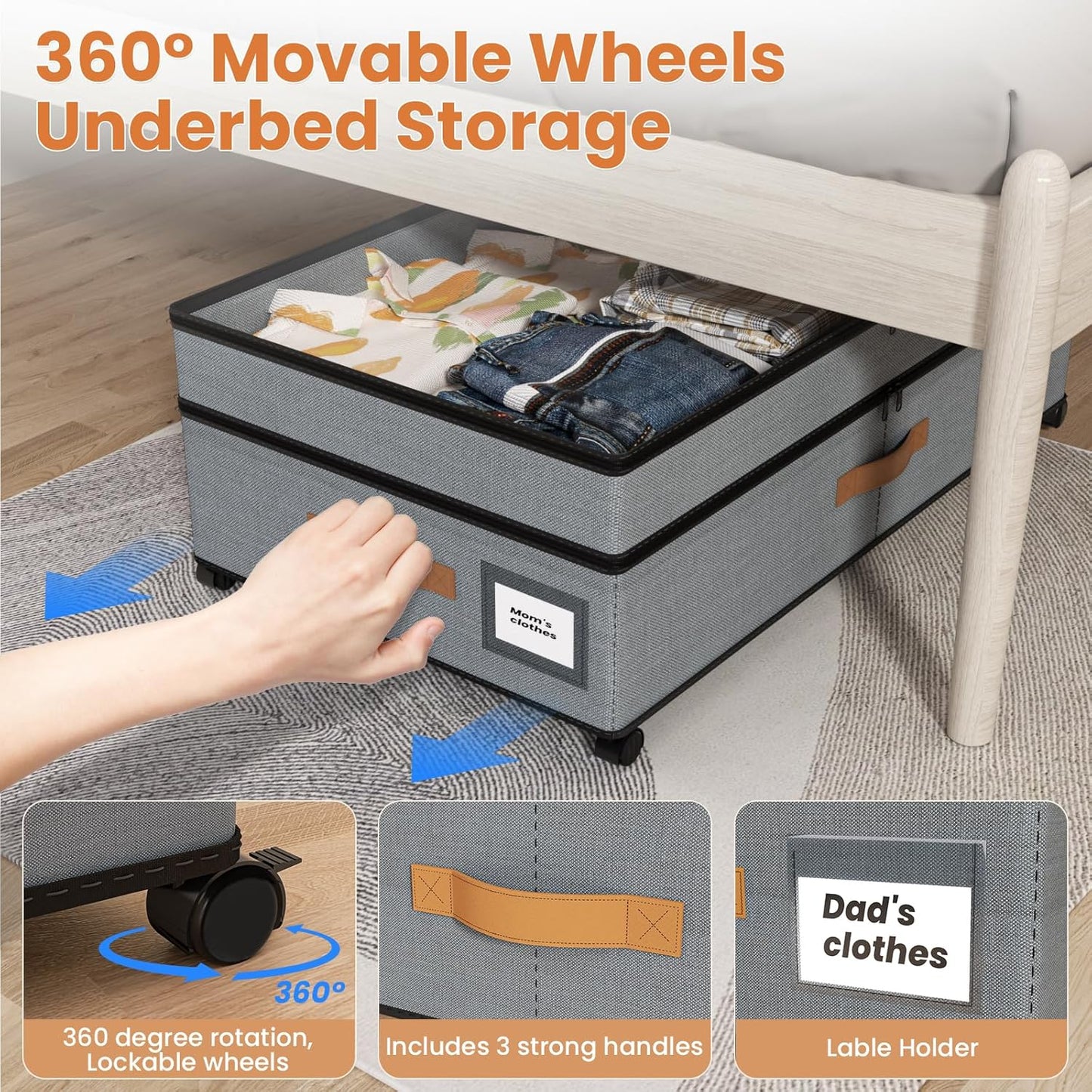 Under Bed Storage with Wheels, 72L XXL Under the Bed Storage Containers Large, 10‘’ Tall Adjustable Storage for Underbed with Lids, Rolling for Shoes, Clothes, Blankets, Grey