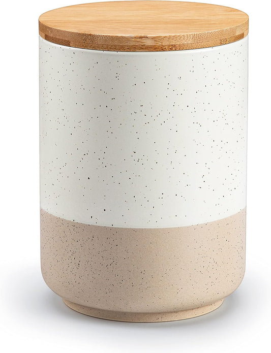vancasso Sabine Ceramic Canister with Airtight Wood Lid - 36 oz Kitchen Storage Container for Coffee, Tea, Sugar, Nuts & Spices - Medium Countertop Jar