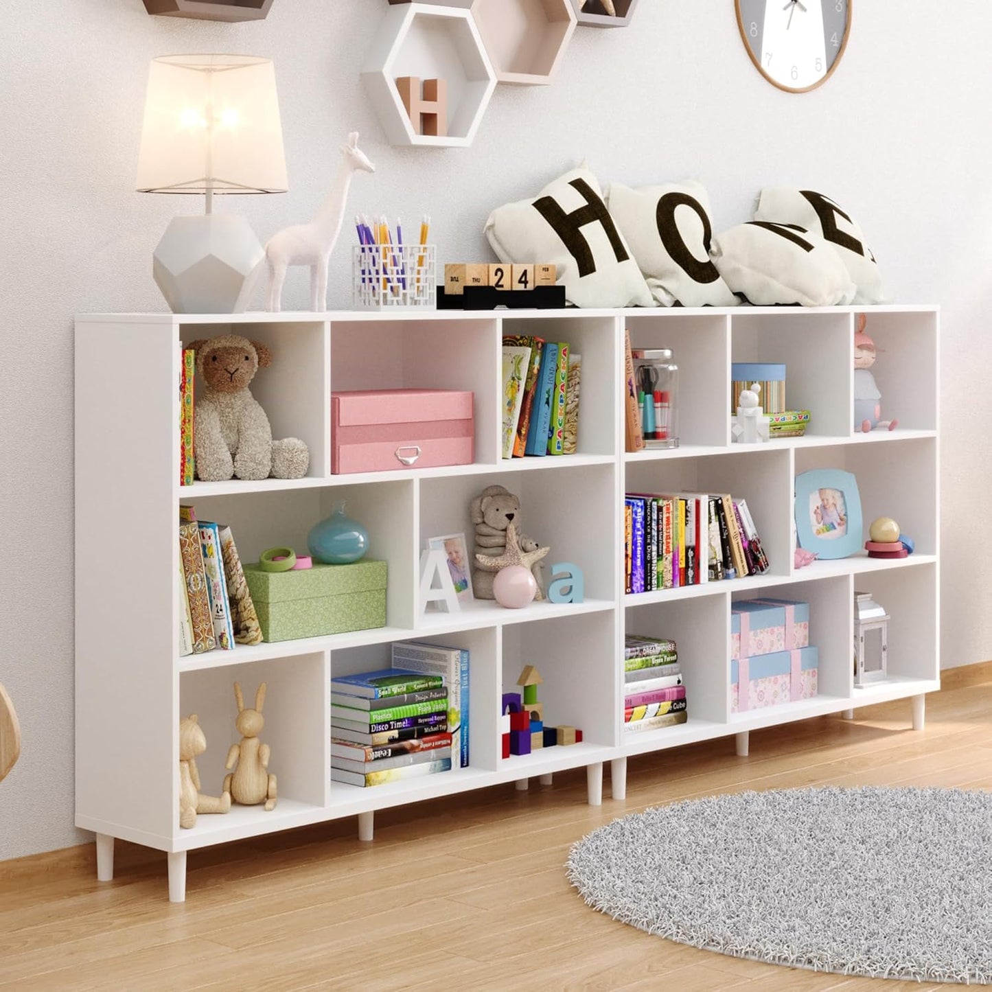 Wood Cube Storage Organizer White Bookshelf - 3-Tier Freestanding Storage Cabinet with Legs for Home Office, 8-Cubes Open Shelf
