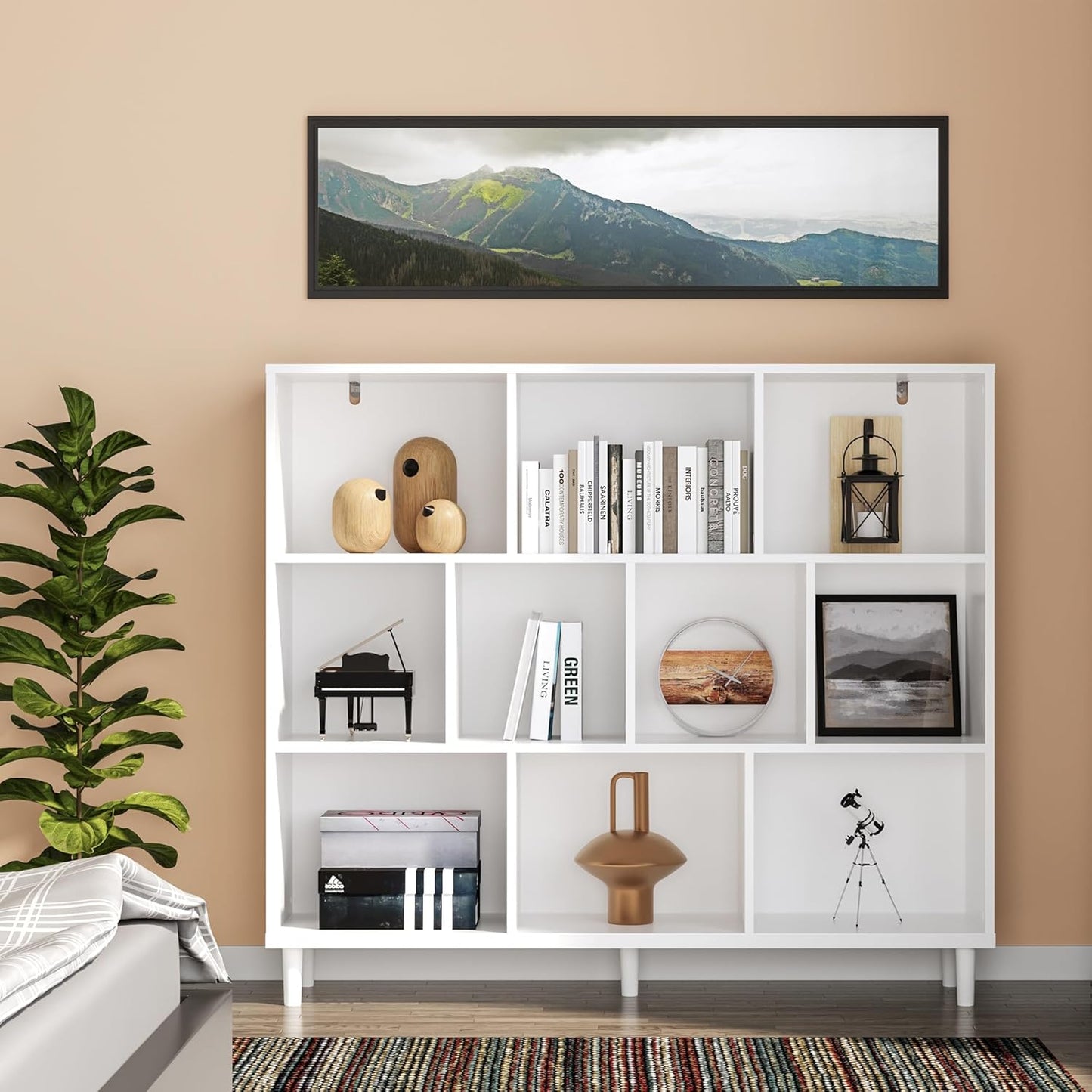 Wood Cube Storage Organizer White Bookshelf - 3-Tier Freestanding Storage Cabinet with Legs for Home Office, 10-Cubes Open Shelf